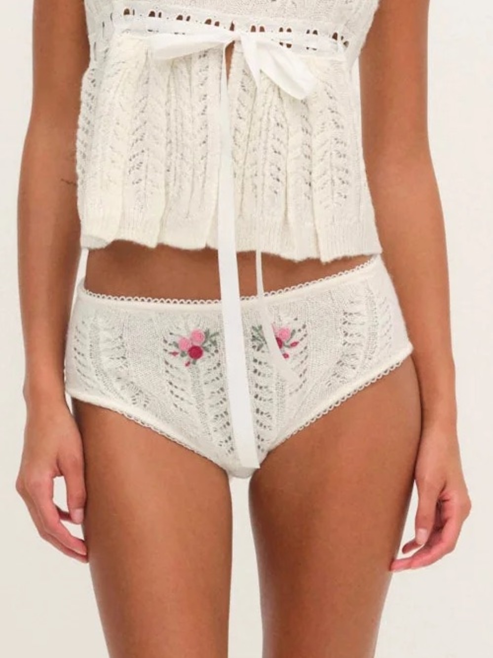 For Love And Lemons Cream Knit Briefs with Pink Rose Embroideries